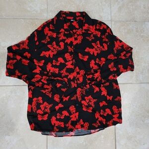 Fashion Nova Red and black butterfly print button-up shirt #partyvibes Size XXL